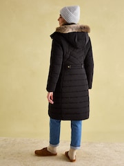 Joules Cherington Black Showerproof Longline Padded Coat with Faux Fur Hood - Image 2 of 8
