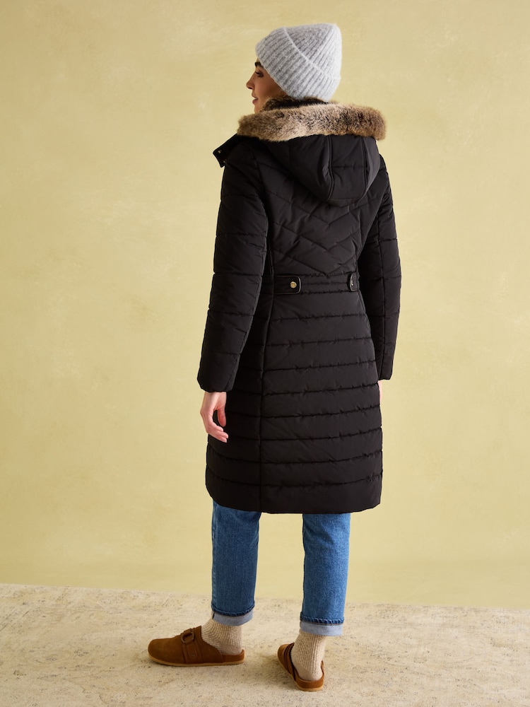 Joules Cherington Black Showerproof Longline Padded Coat with Faux Fur Hood - Image 2 of 8