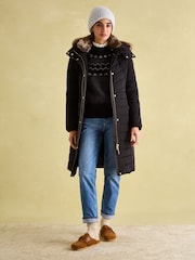 Joules Cherington Black Showerproof Longline Padded Coat with Faux Fur Hood - Image 3 of 8