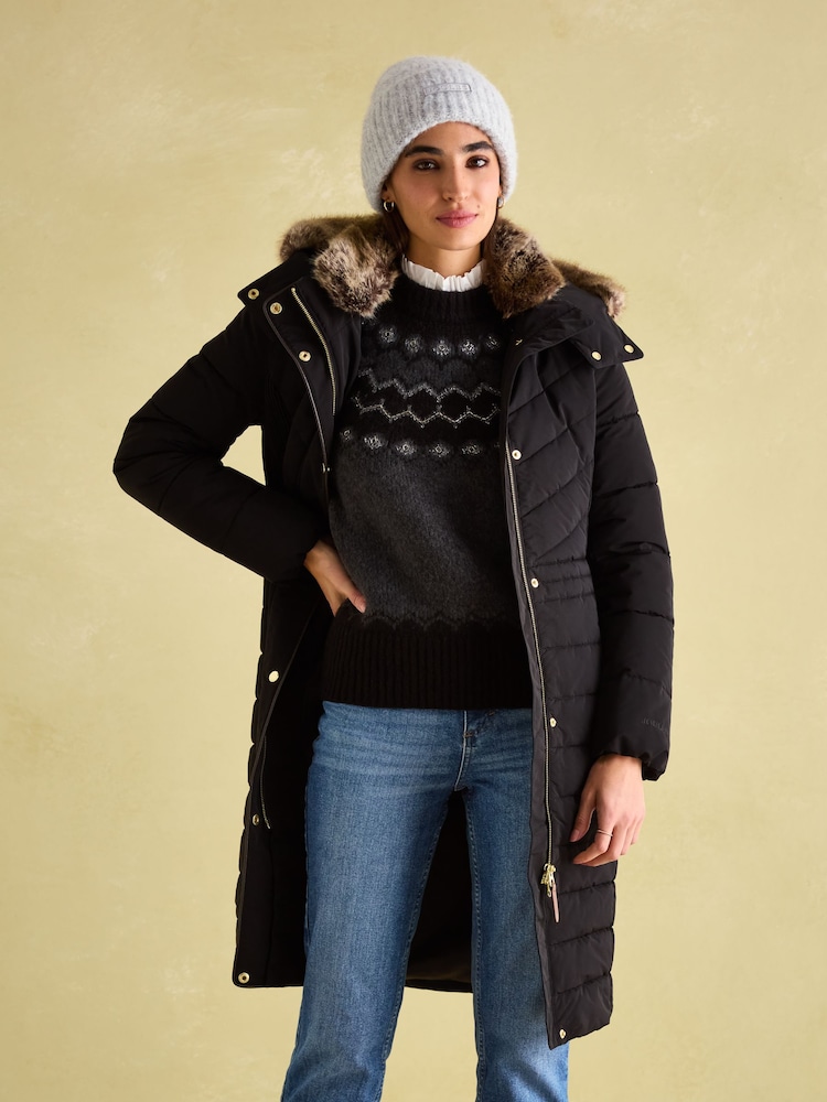 Joules Cherington Black Showerproof Longline Padded Coat with Faux Fur Hood - Image 6 of 8