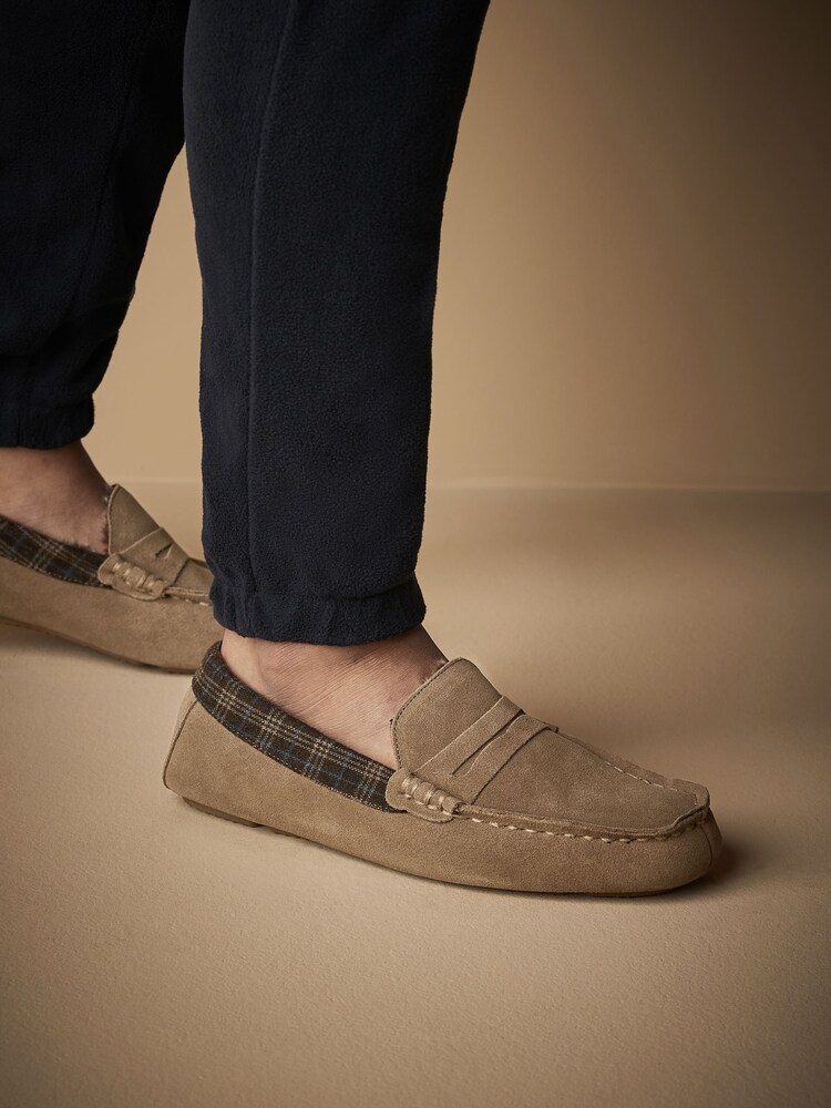 Stone Brown Luxury Signature Suede Moccasin Slippers - Image 1 of 6
