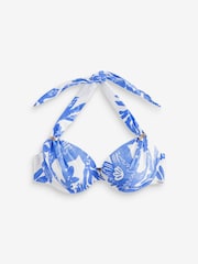 Blue/White Floral Padded Shaping Wired Halter Bikini Top - Image 8 of 8