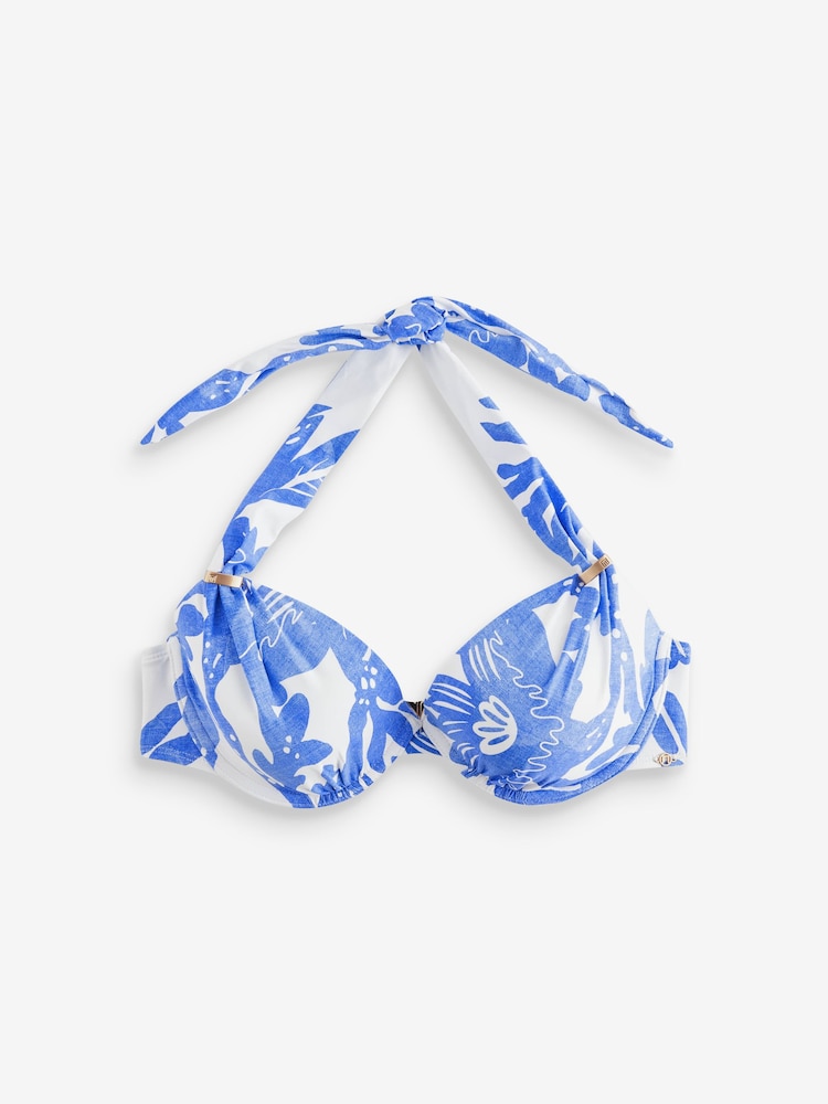 Blue/White Floral Padded Shaping Wired Halter Bikini Top - Image 8 of 8