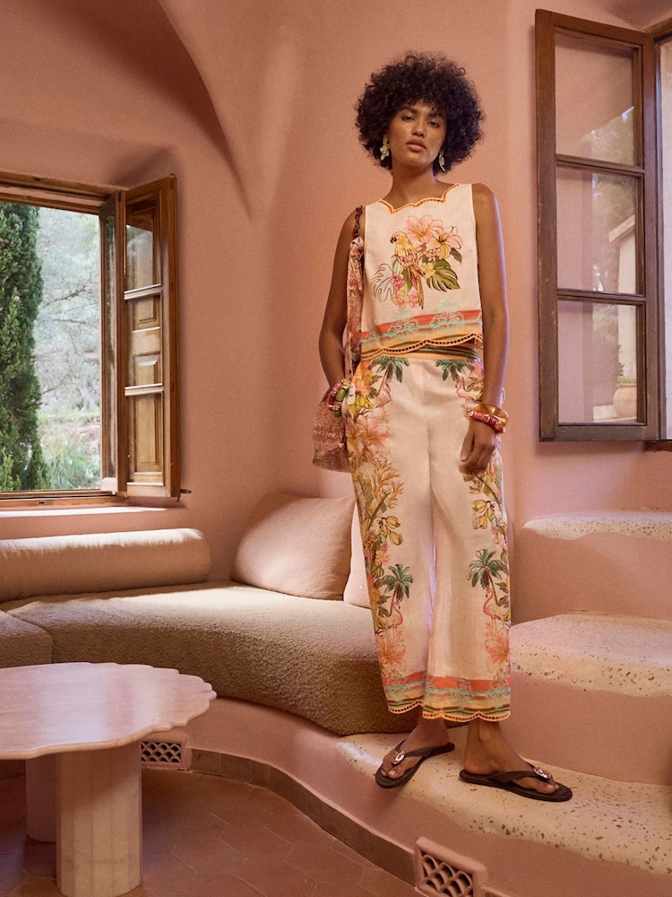 River Island Cream Del Maar Floral Cutwork Cropped Wide Leg Trousers - Image 1 of 4