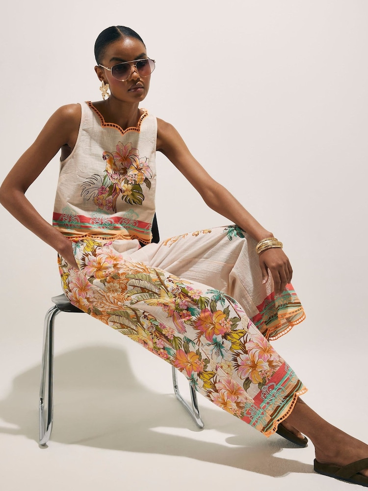 River Island Cream Del Maar Floral Cutwork Cropped Wide Leg Trousers - Image 2 of 4