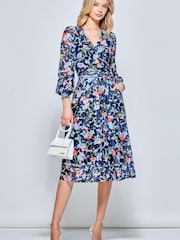 Jolie Moi Blue Floral Long Sleeve Mesh Midi Dress - Image 1 of 5