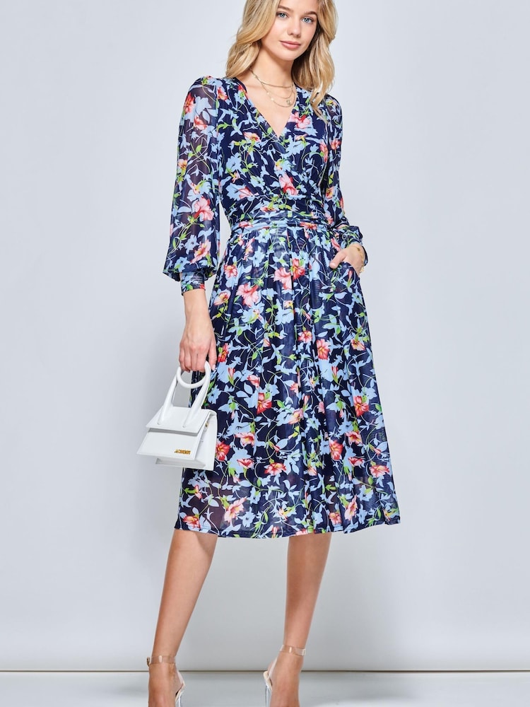 Jolie Moi Blue Floral Long Sleeve Mesh Midi Dress - Image 1 of 5