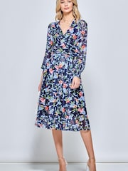 Jolie Moi Blue Floral Long Sleeve Mesh Midi Dress - Image 3 of 5