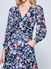 Jolie Moi Blue Floral Long Sleeve Mesh Midi Dress - Image 5 of 5