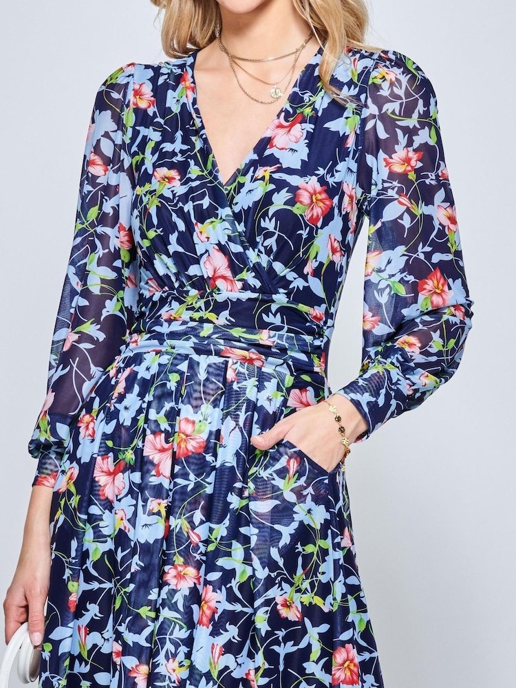 Jolie Moi Blue Floral Long Sleeve Mesh Midi Dress - Image 5 of 5