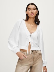 White Tie Front Blouse with Linen - Image 1 of 7