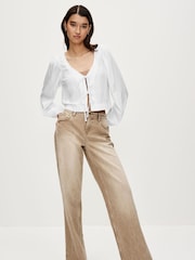 White Tie Front Blouse with Linen - Image 2 of 7