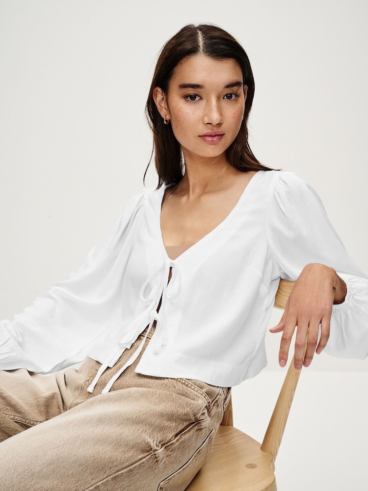 White Tie Front Blouse with Linen - Image 3 of 7