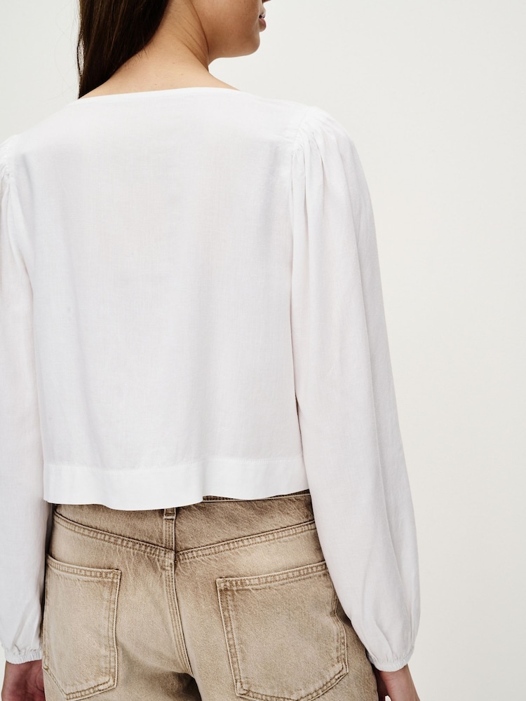 White Tie Front Blouse with Linen - Image 4 of 7