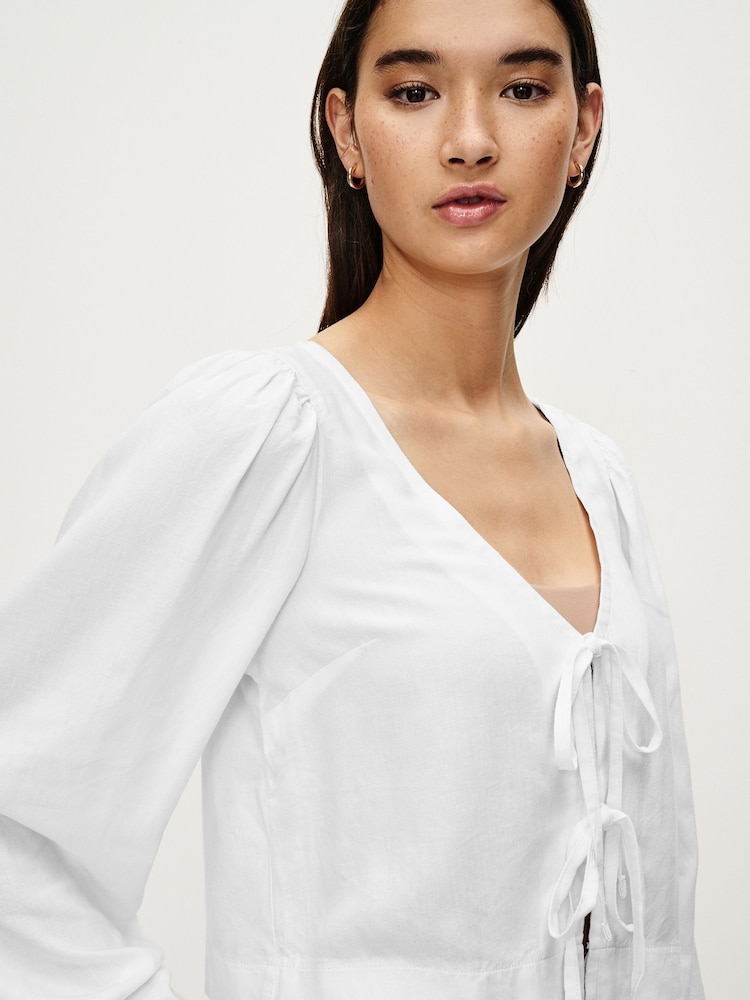 White Tie Front Blouse with Linen - Image 5 of 7