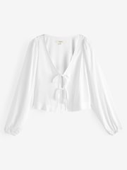White Tie Front Blouse with Linen - Image 6 of 7
