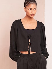 Black Tie Front Blouse with Linen - Image 1 of 6