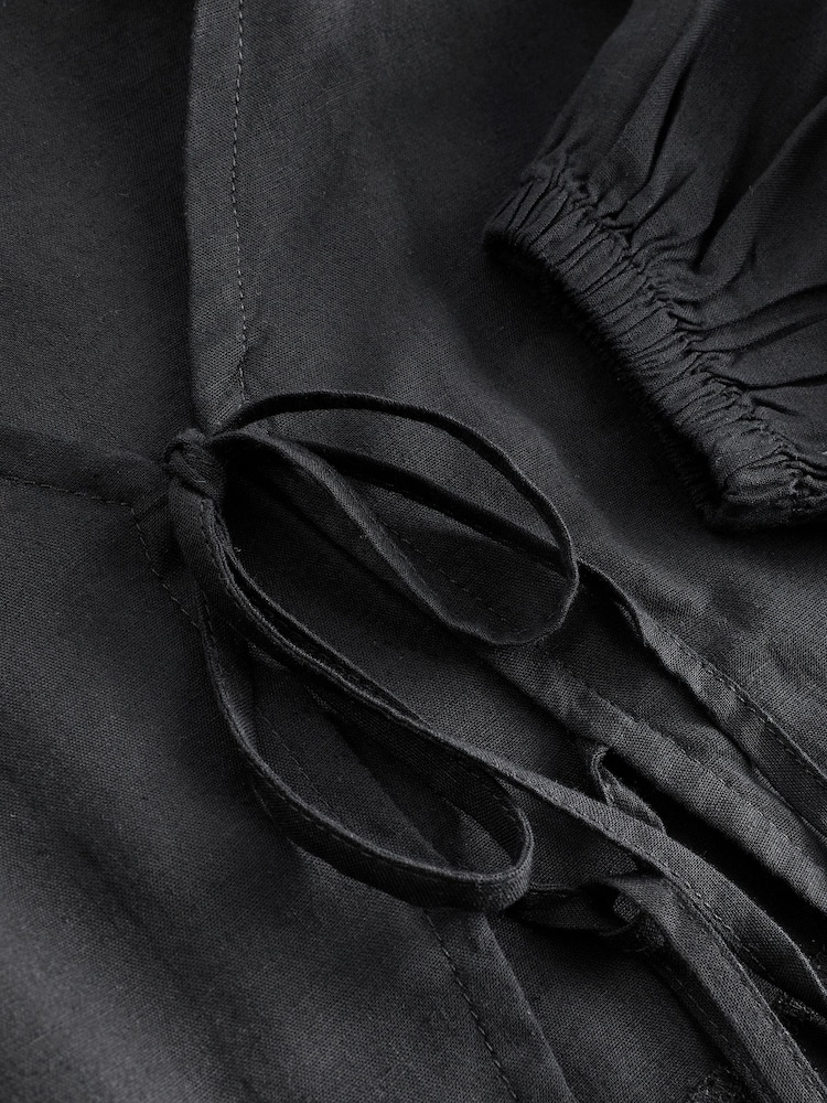 Black Tie Front Blouse with Linen - Image 2 of 6