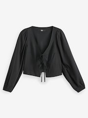 Black Tie Front Blouse with Linen - Image 5 of 6