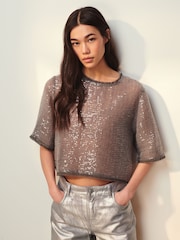 Charcoal Grey Short Sleeve Sequin T-Shirt - Image 1 of 6