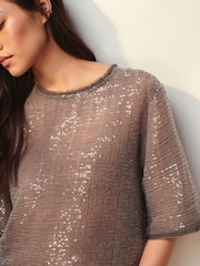 Charcoal Grey Short Sleeve Sequin T-Shirt - Image 2 of 6