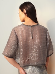 Charcoal Grey Short Sleeve Sequin T-Shirt - Image 3 of 6