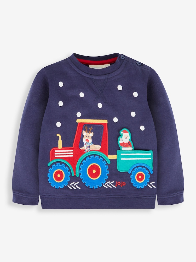 JoJo Maman Bébé Navy Blue Santa In a Tractor Appliqué Sweatshirt - Image 1 of 4
