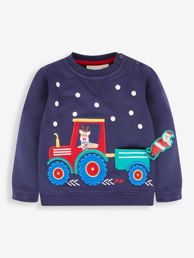 JoJo Maman Bébé Navy Blue Santa In a Tractor Appliqué Sweatshirt - Image 2 of 4