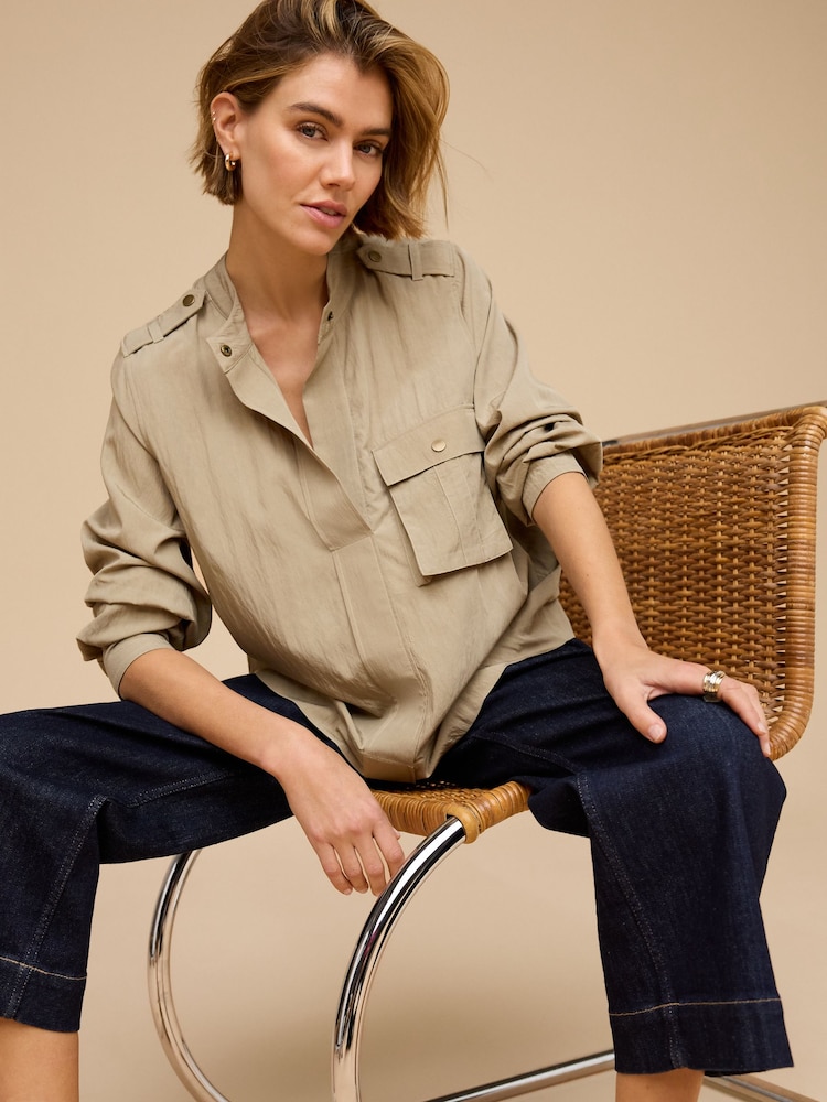Khaki Green Long Sleeve Utility Blouse - Image 1 of 7