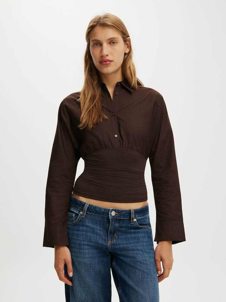 Cotton On Brown Drew Rouched Long Sleeve Shirt - Image 1 of 4 Cotton On Brown Drew Rouched Long Sleeve Shirt - Image 1 of 4