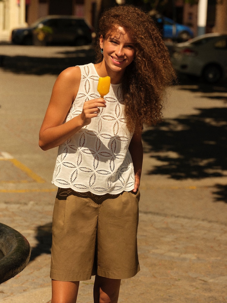 White Sleeveless Broderie Top - Image 1 of 7