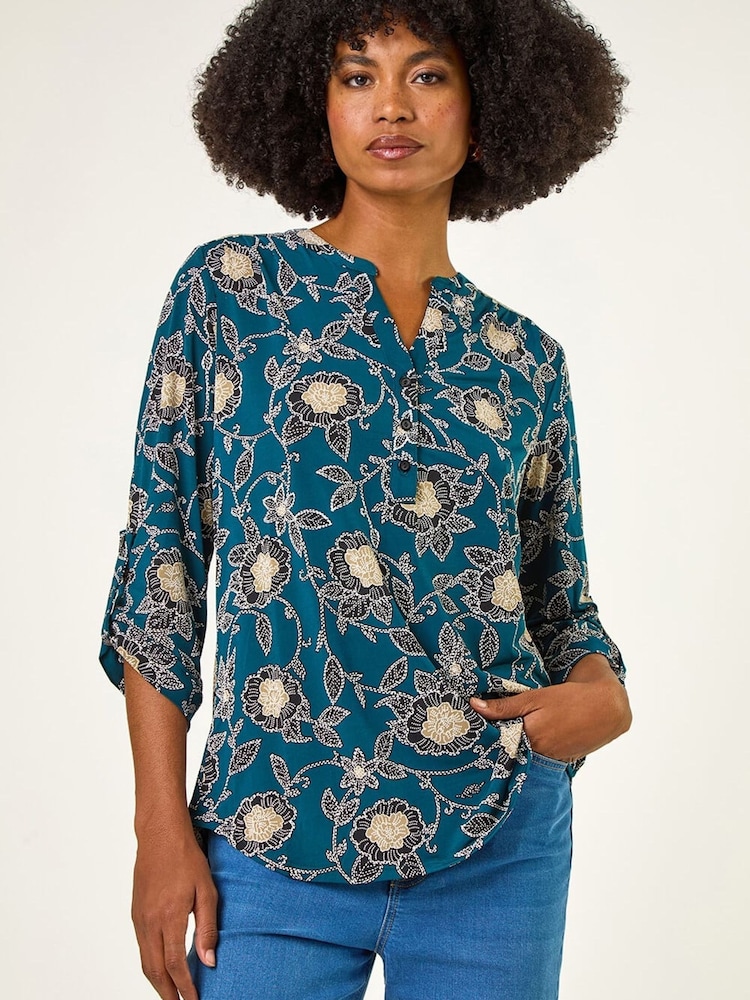 Roman Green Textured Floral Print Stretch Shirt - Image 1 of 5