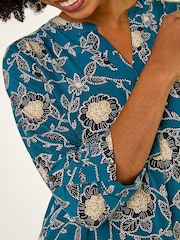 Roman Green Textured Floral Print Stretch Shirt - Image 5 of 5