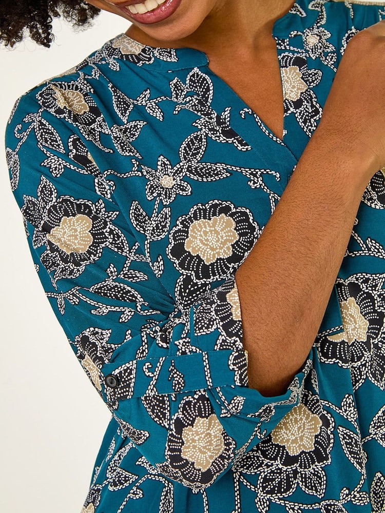 Roman Green Textured Floral Print Stretch Shirt - Image 5 of 5