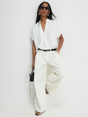River Island Cream Short Sleeve Soft Crepe Notch Neck T-Shirt - Image 1 of 4