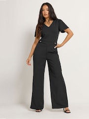 M&Co Black Petite Short Sleeve Button Detail Jumpsuit - Image 1 of 6