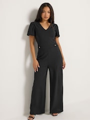 M&Co Black Petite Short Sleeve Button Detail Jumpsuit - Image 2 of 6