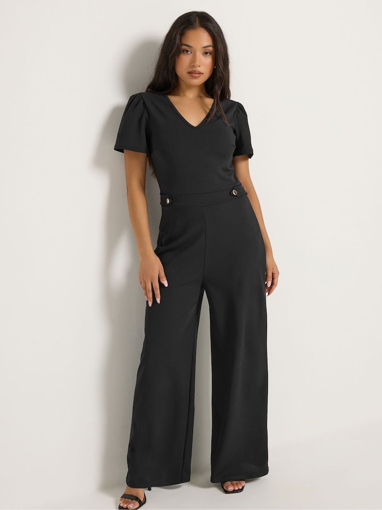M&Co Black Petite Short Sleeve Button Detail Jumpsuit - Image 2 of 6 M&Co Black Petite Short Sleeve Button Detail Jumpsuit - Image 2 of 6