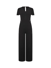 M&Co Black Petite Short Sleeve Button Detail Jumpsuit - Image 5 of 6