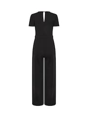 M&Co Black Petite Short Sleeve Button Detail Jumpsuit - Image 6 of 6