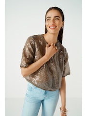 Khaki Green Short Sleeve Sequin T-Shirt - Image 1 of 6
