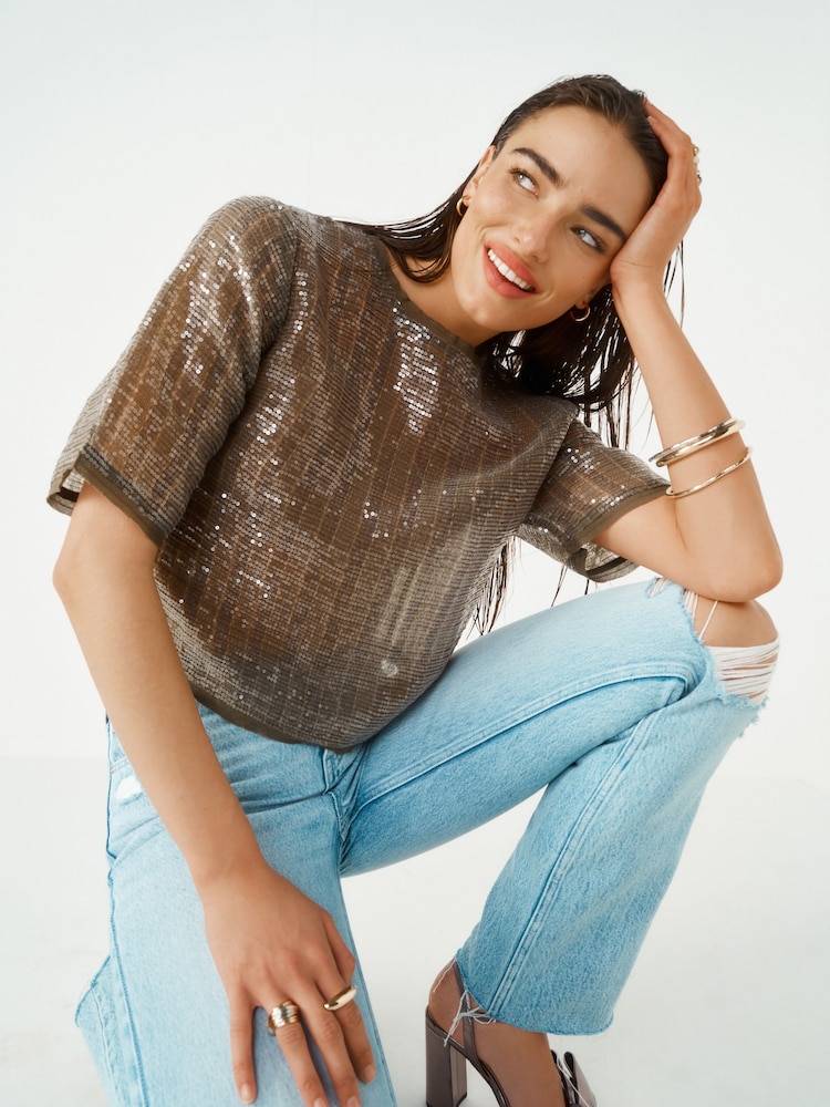 Khaki Green Short Sleeve Sequin T-Shirt - Image 2 of 6