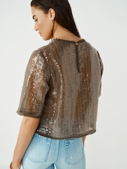 Khaki Green Short Sleeve Sequin T-Shirt - Image 3 of 6