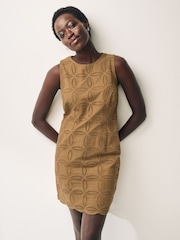 Ochre Yellow Sleeveless Broderie Shift Mini Dress - Image 1 of 5