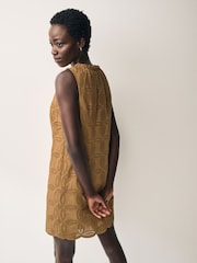 Ochre Yellow Sleeveless Broderie Shift Mini Dress - Image 2 of 5