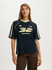 Cotton On Blue V-Neck Oversized Raglan Graphic T-Shirt - Image 2 of 4