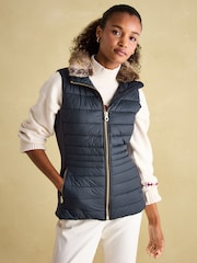 Joules Beckley Navy Padded Showerproof Gilet With Detachable Faux Fur Collar - Image 1 of 5