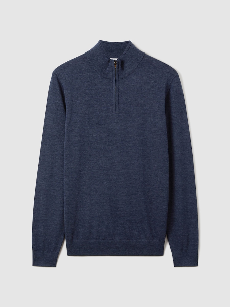 Reiss Indigo Melange Blackhall Merino Wool Half-Zip Funnel Neck Jumper - Image 2 of 6 Reiss Indigo Melange Blackhall Merino Wool Half-Zip Funnel Neck Jumper - Image 2 of 6