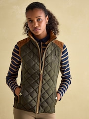 Joules Braemar Luxe Khaki Green Showerproof Diamond Quilted Gilet - Image 1 of 13