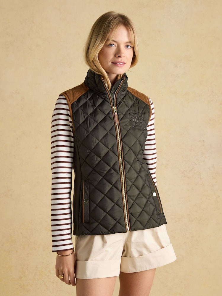 Joules Braemar Luxe Khaki Green Showerproof Diamond Quilted Gilet - Image 1 of 13